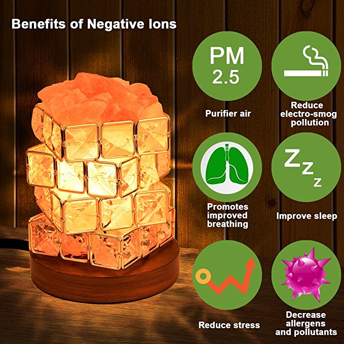 COOWOO Himalayan Salt Lamp, Pink Natural Crystal and Cube Diamonds Salt Lamp with Wood Base, Bulb and Rotary Dimmer Switch Control for Christmas Gift and Home Decorations