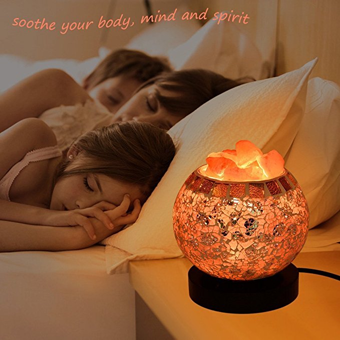 Himalayan Salt Lamp, Natural Crystal Salt Lamp Salt Chunks in Glass Bowl with Wood Base, Bulb and Dimmer Control for Christmas Gift and Home Decorations. [energy class a+++]