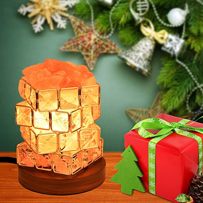 COOWOO Himalayan Salt Lamp, Pink Natural Crystal and Cube Diamonds Salt Lamp with Wood Base, Bulb and Rotary Dimmer Switch Control for Christmas Gift and Home Decorations