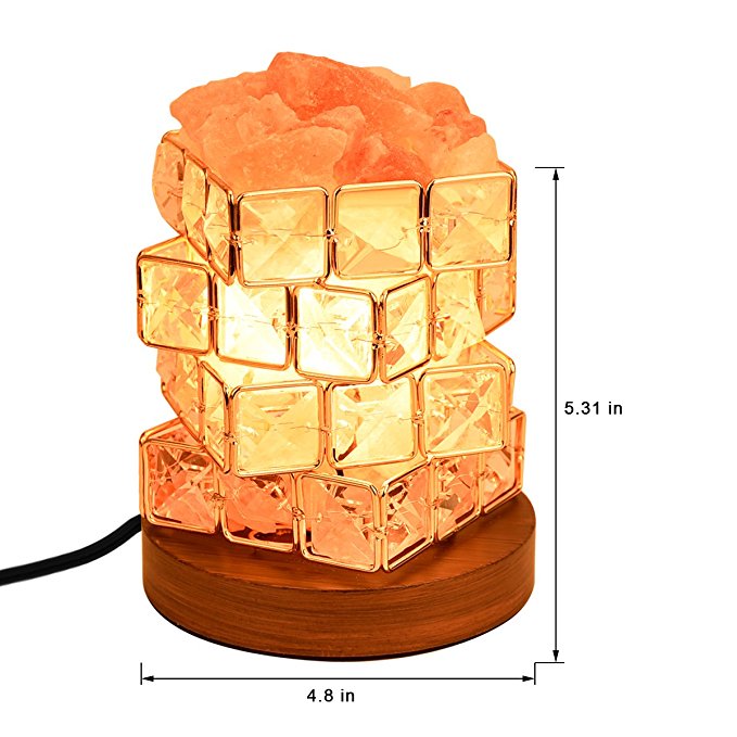 COOWOO Himalayan Salt Lamp, Pink Natural Crystal and Cube Diamonds Salt Lamp with Wood Base, Bulb and Rotary Dimmer Switch Control for Christmas Gift and Home Decorations
