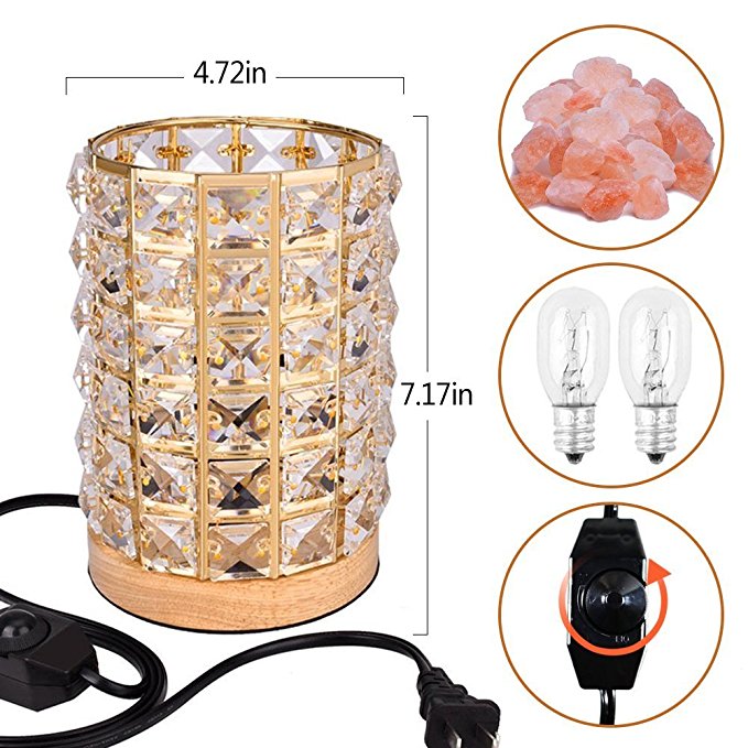 Decolighting HY-02 Salt Lamp, Himalayan Salt Lamp Natural Salt Crystal Chunks in Acrylic Diamond Cylinder with Wooden Base, Rotary Switch Adjusts Brightness, Dimmable Control, 2 Bulbs, UL-Listed Cord