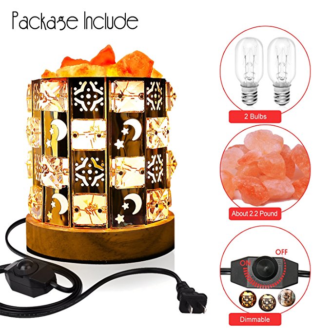 Decolighting Himalayan Salt Lamp, Natural Salt Lamp Salt Crystal Chunks in Acrylic Diamond Cylinder with Wood Base, Bulb and Dimmer Control for Christmas Gift and Home Decorations. [energy class a+++]