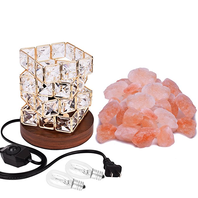 COOWOO Himalayan Salt Lamp, Pink Natural Crystal and Cube Diamonds Salt Lamp with Wood Base, Bulb and Rotary Dimmer Switch Control for Christmas Gift and Home Decorations