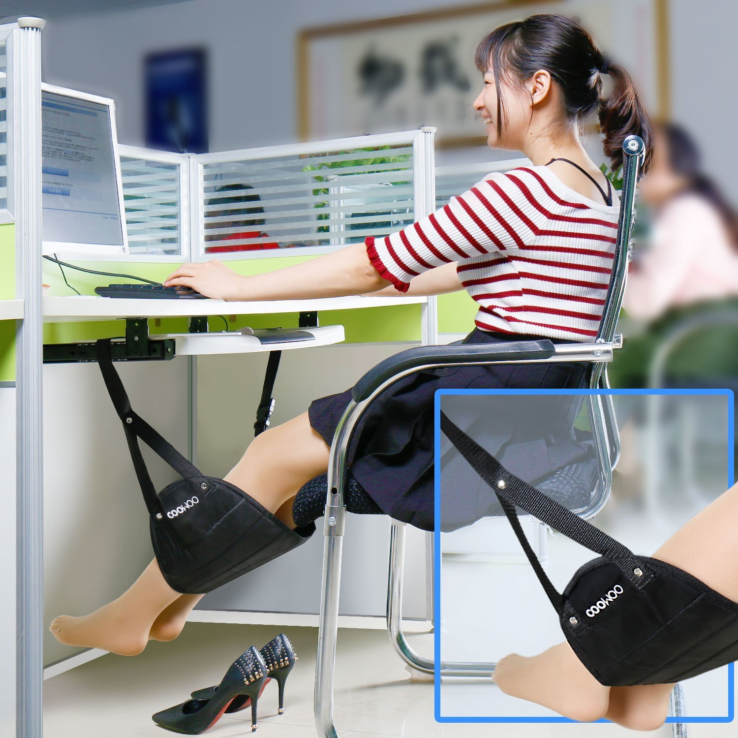 COOWOO Foot Rest, Portable Folding Travel Footrest Relaxation and Comfortable Flight Carry-on Foot Rest Adjustable Office Foot Rest, Prevent Swelling and Soreness Foot Hammock Black