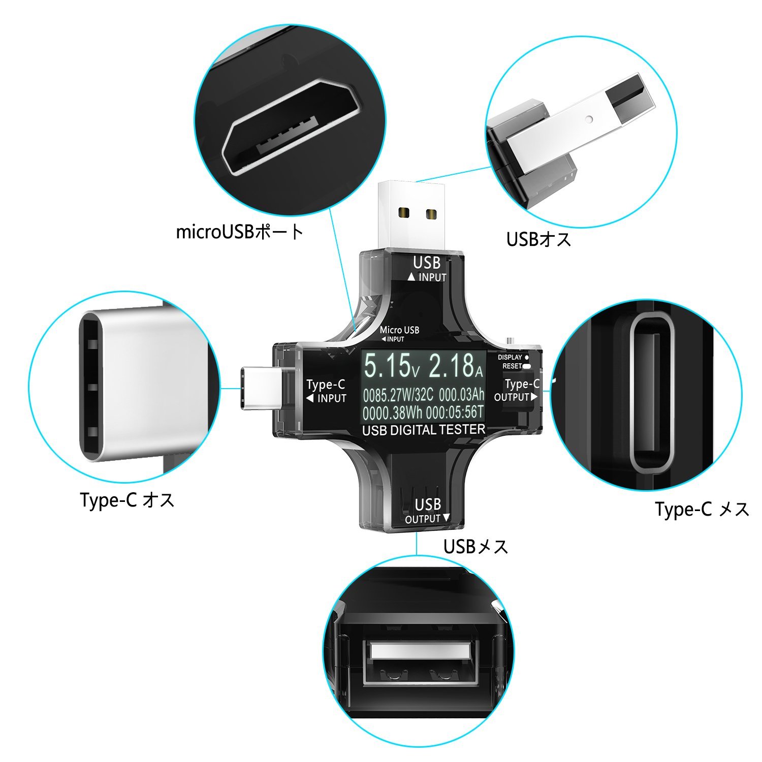 COOWOO usb電圧電流チェッカー Type-C テスター 電流/電圧/抵抗/温度/通電時間など表示 QC3.0/QC2.0/Type C/Android/iPhone対応 モバイルバッテリー容量/usbケーブル/クイックチャージャー充電スピードなど測量 3.3~30V 0~5.1A usb 電流計 【日本語説明書＆12カ月保障】