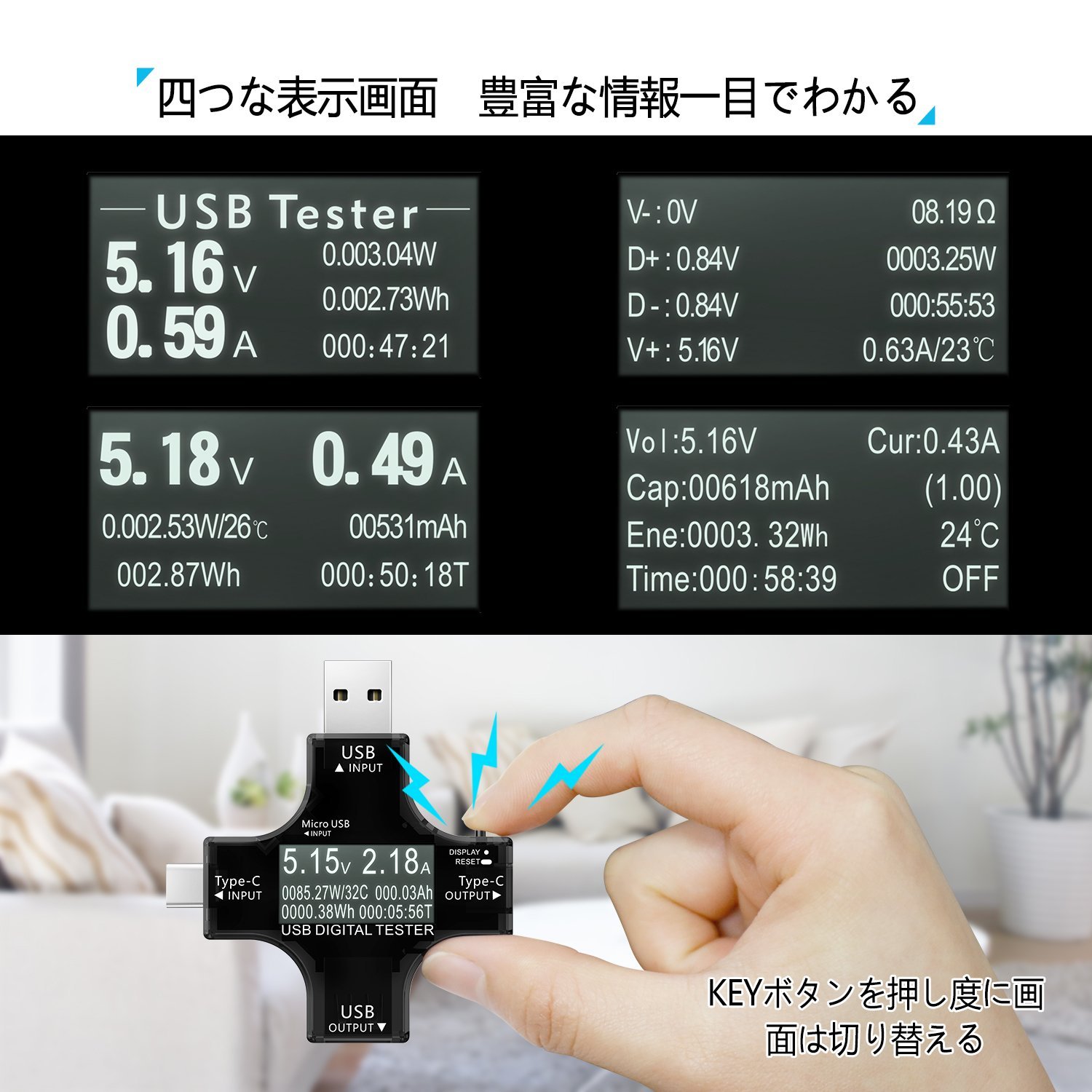 COOWOO usb電圧電流チェッカー Type-C テスター 電流/電圧/抵抗/温度/通電時間など表示 QC3.0/QC2.0/Type C/Android/iPhone対応 モバイルバッテリー容量/usbケーブル/クイックチャージャー充電スピードなど測量 3.3~30V 0~5.1A usb 電流計 【日本語説明書＆12カ月保障】