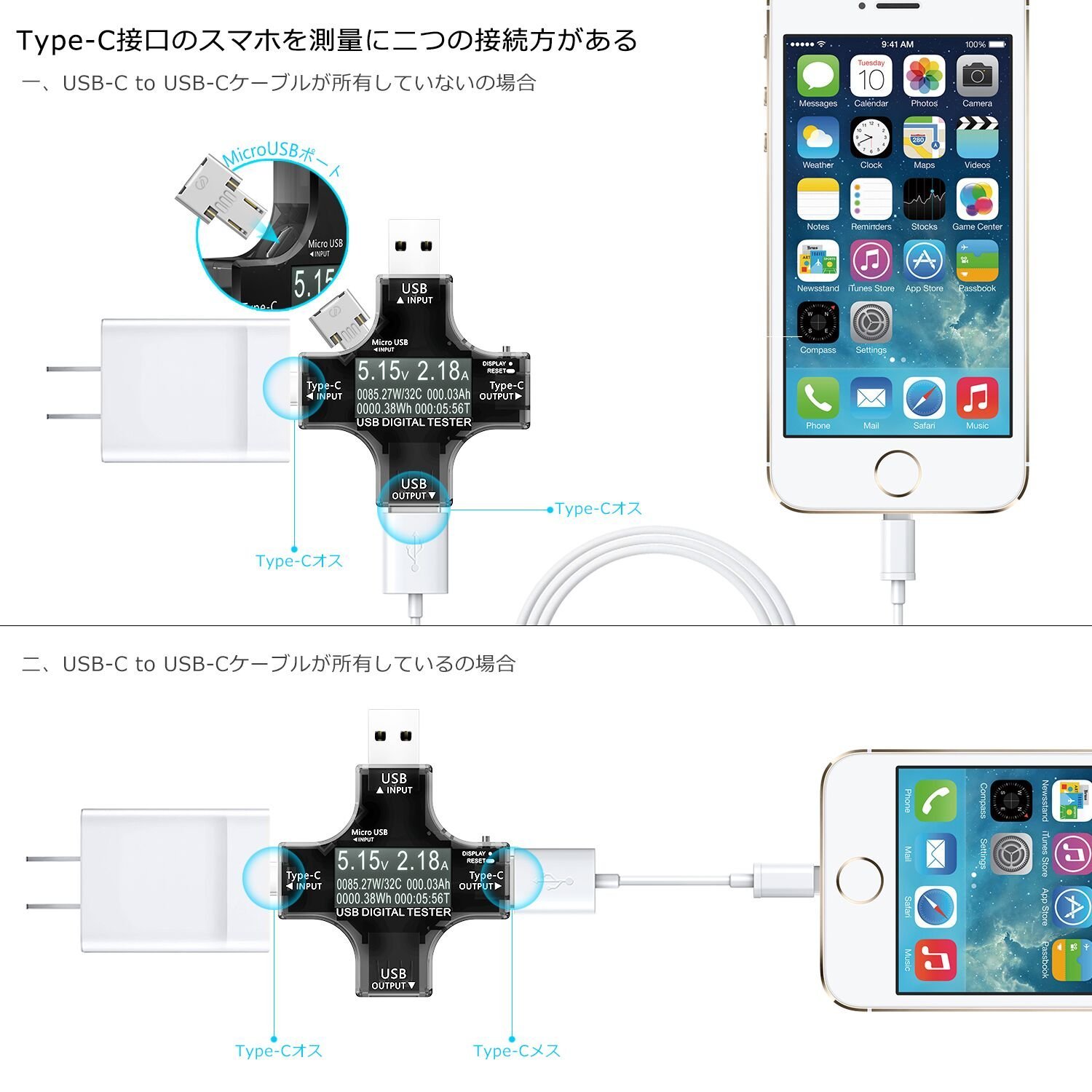 COOWOO usb電圧電流チェッカー Type-C テスター 電流/電圧/抵抗/温度/通電時間など表示 QC3.0/QC2.0/Type C/Android/iPhone対応 モバイルバッテリー容量/usbケーブル/クイックチャージャー充電スピードなど測量 3.3~30V 0~5.1A usb 電流計 【日本語説明書＆12カ月保障】