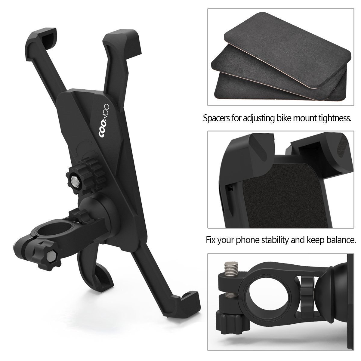 COOWOO Support Vélo smartphone Guidon Support Universel Téléphone Rotatif à 360 Bracelet en Caoutchouc Taille Réglable Compatible avec IPhone Samsung IOS Android Smartphone GPS