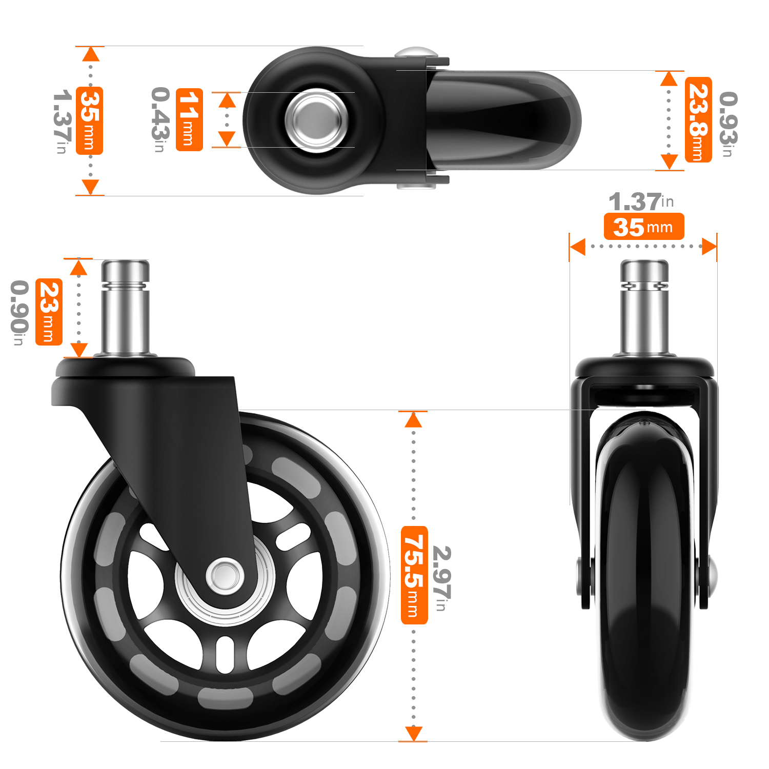 COOWOO Office Chair Caster Wheels (Set of 5) - Safe for All Floors Including Hardwood- Rollerblade Style w/ Universal Fit-Free Screwdriver - 650 lbs Total Capacity