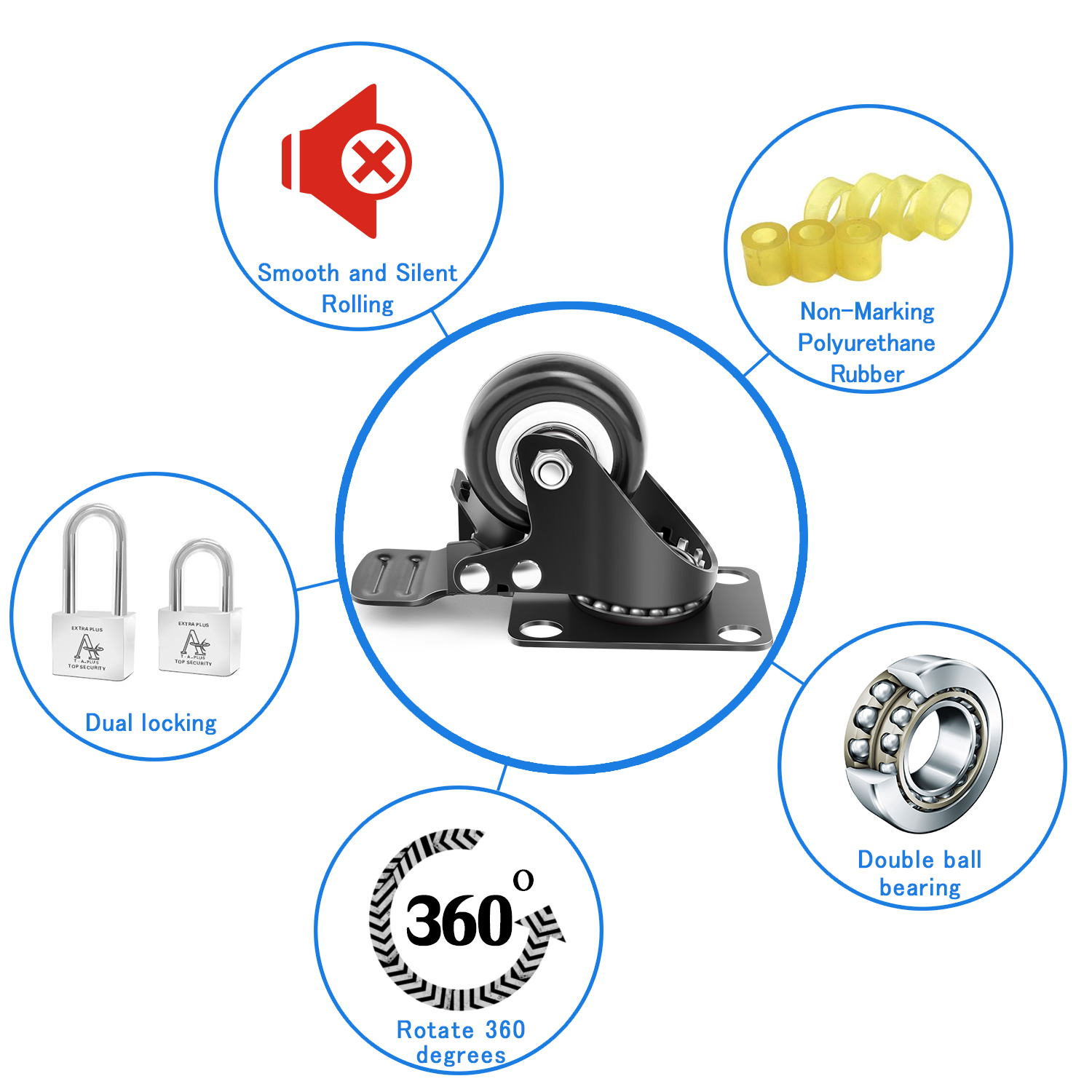 2" Swivel Caster Wheels with Safety Dual Locking and Polyurethane Foam No Noise Wheels, Heavy Duty - 150 Lbs Per Caster (Pack of 4)