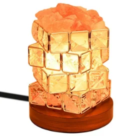 COOWOO Himalayan Salt Lamp, Pink Natural Crystal and Cube Diamonds Salt Lamp with Wood Base, Bulb and Rotary Dimmer Switch Control for Christmas Gift and Home Decorations